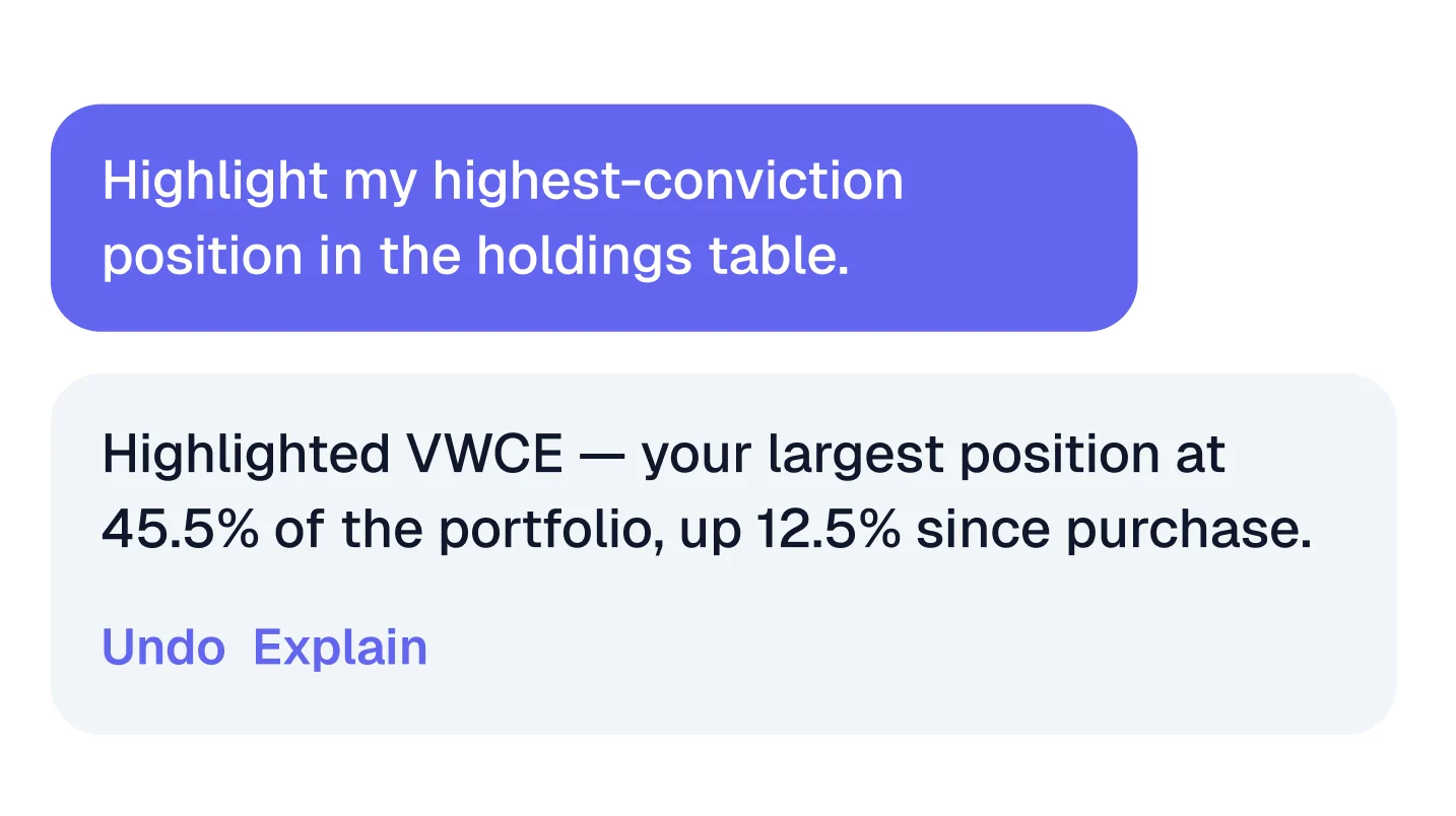 Copilot reply “Highlighted VWCE, your largest position at 45.5% of the portfolio” with Undo and Explain links under it