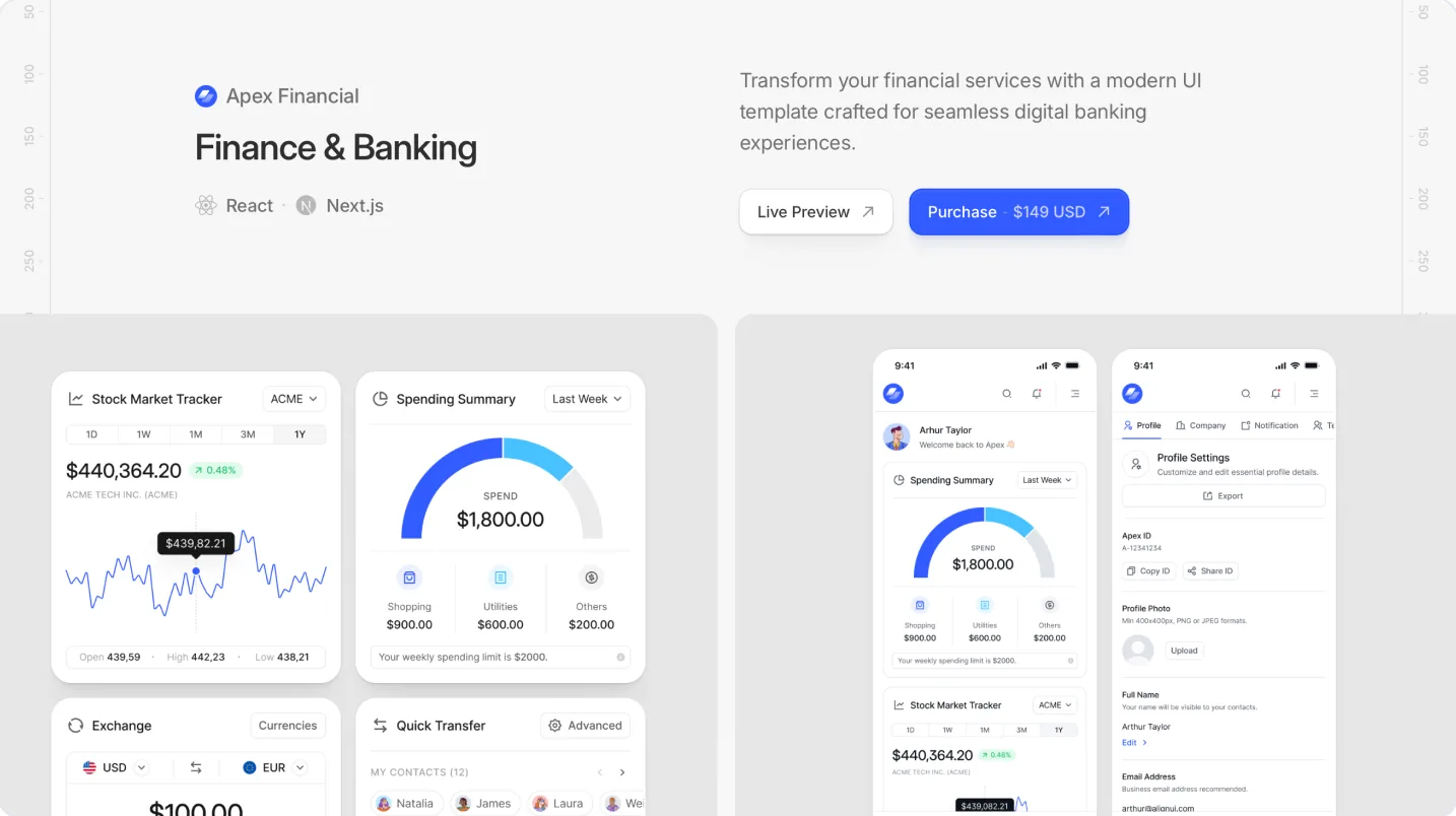 AlignUI Finance & Banking template: banking dashboard with cards, transactions and spending widgets