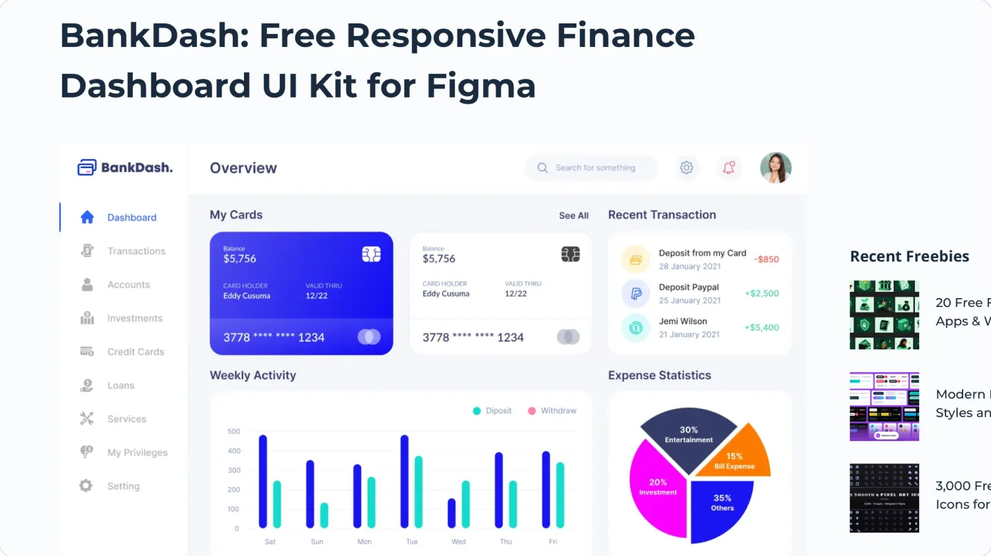 BankDash free finance dashboard UI kit for Figma: cards, transactions and statistics
