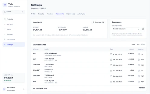 Monthly statement screen from Viola UI