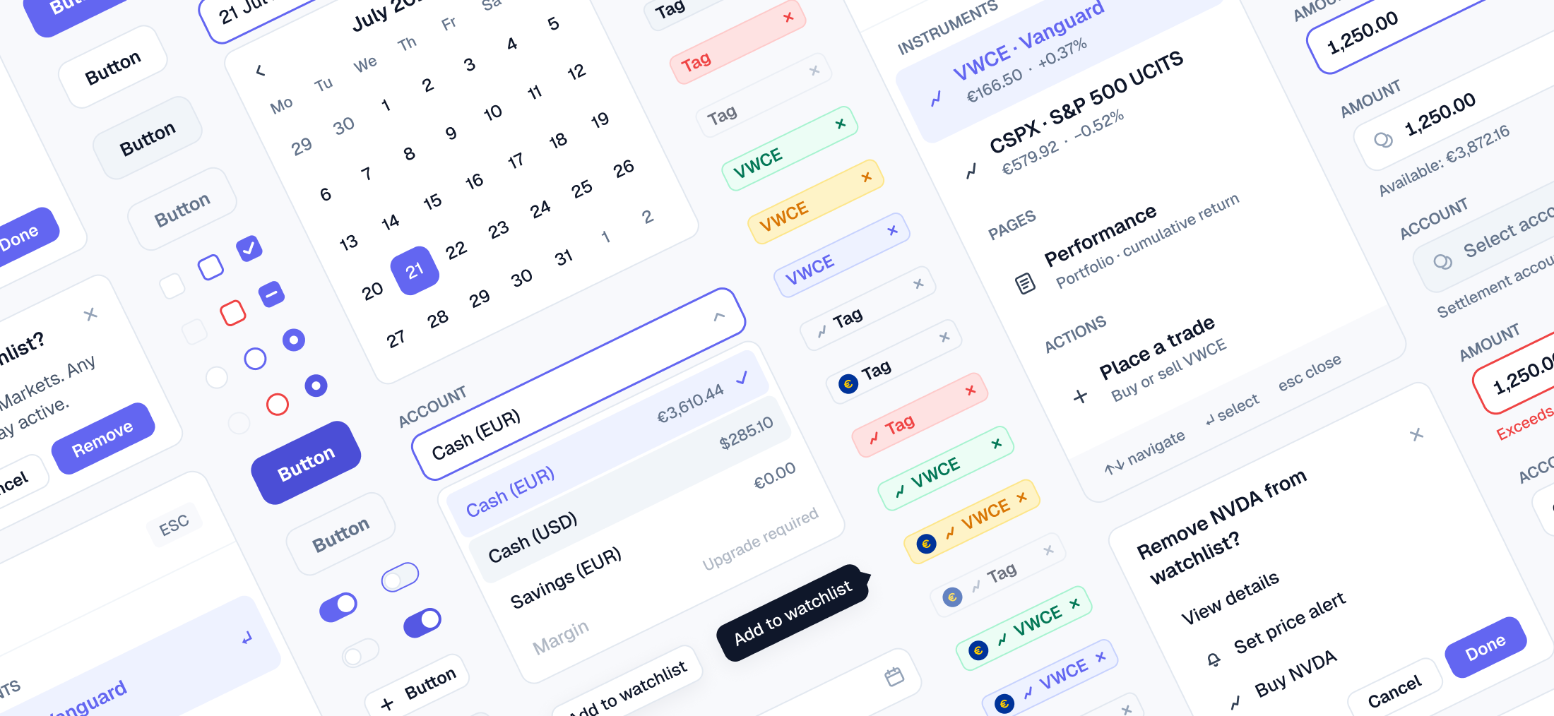 A collage of real Viola UI components: date pickers, tags, amount inputs, account selectors, buttons and toggles