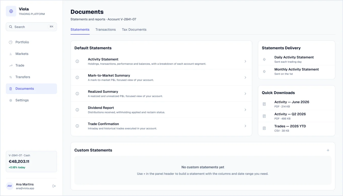 Statements screen in light mode, from Viola UI, the fintech UI kit for Figma