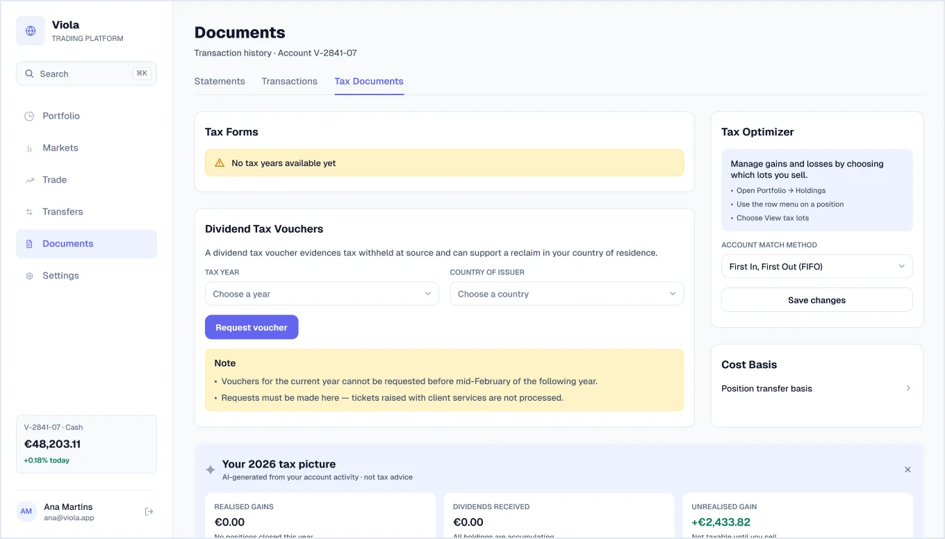 Tax documents screen in light mode, from Viola UI, the fintech UI kit for Figma