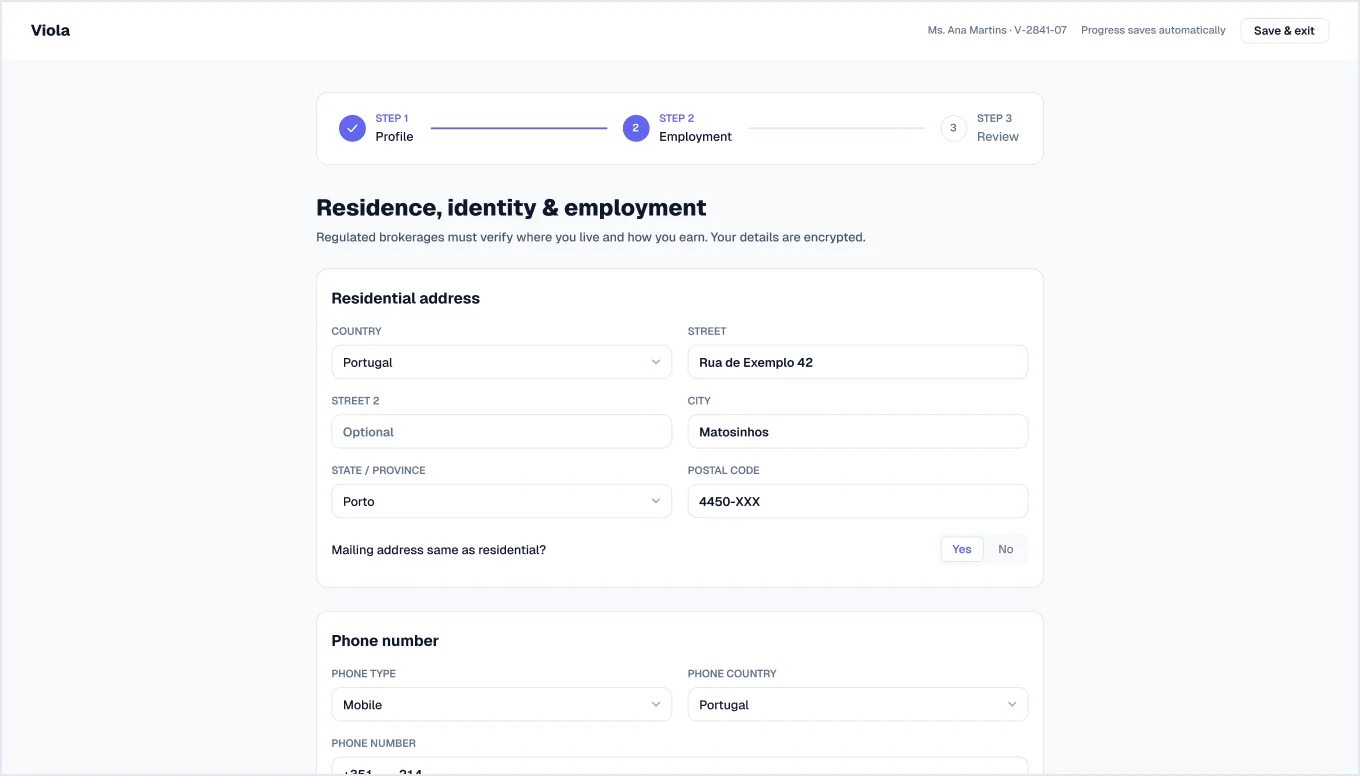 Step 2: Residence, identity & employment screen in light mode, from Viola UI, the fintech UI kit for Figma