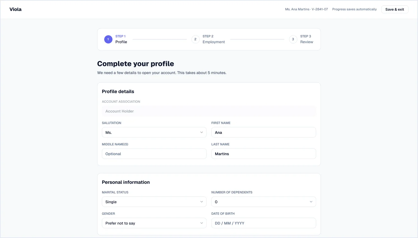 Step 1: Profile screen in light mode, from Viola UI, the fintech UI kit for Figma