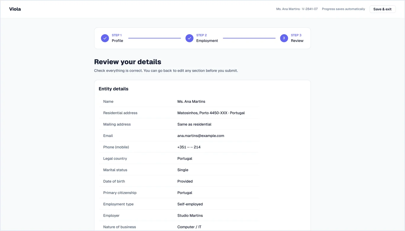 Step 3: Review screen in light mode, from Viola UI, the fintech UI kit for Figma
