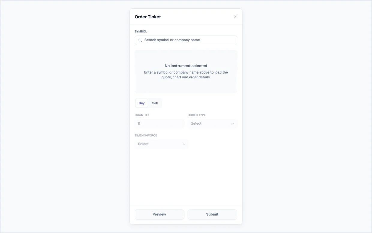 Order ticket, empty screen in light mode, from Viola UI, the fintech UI kit for Figma