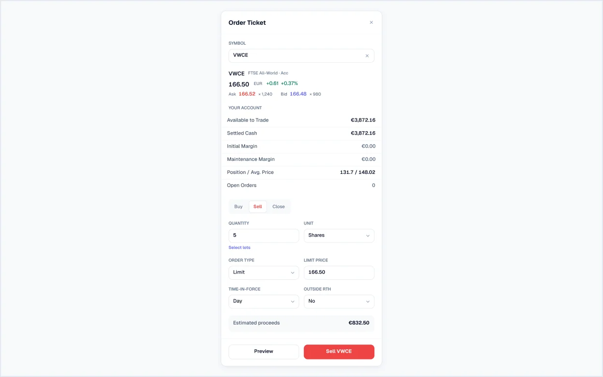 Order ticket, sell screen in light mode, from Viola UI, the fintech UI kit for Figma