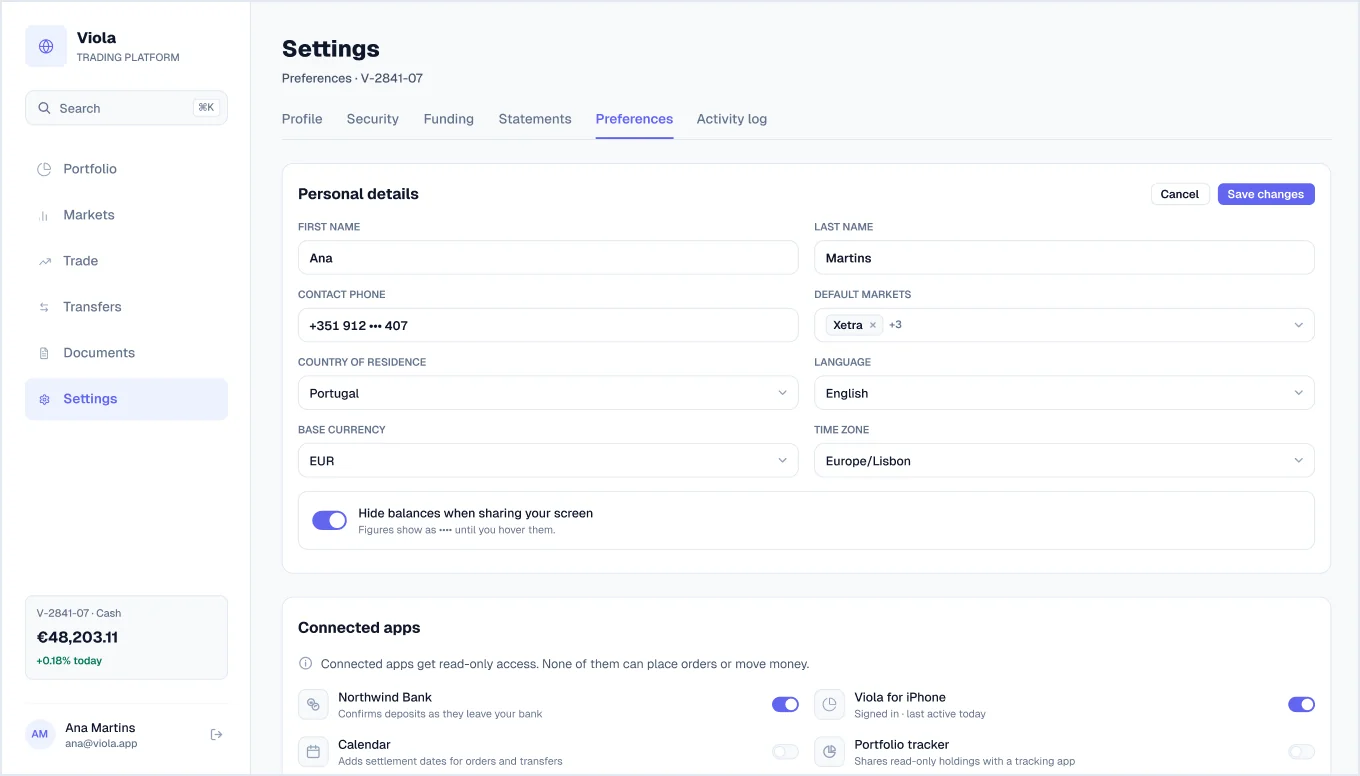 Preferences screen in light mode, from Viola UI, the fintech UI kit for Figma