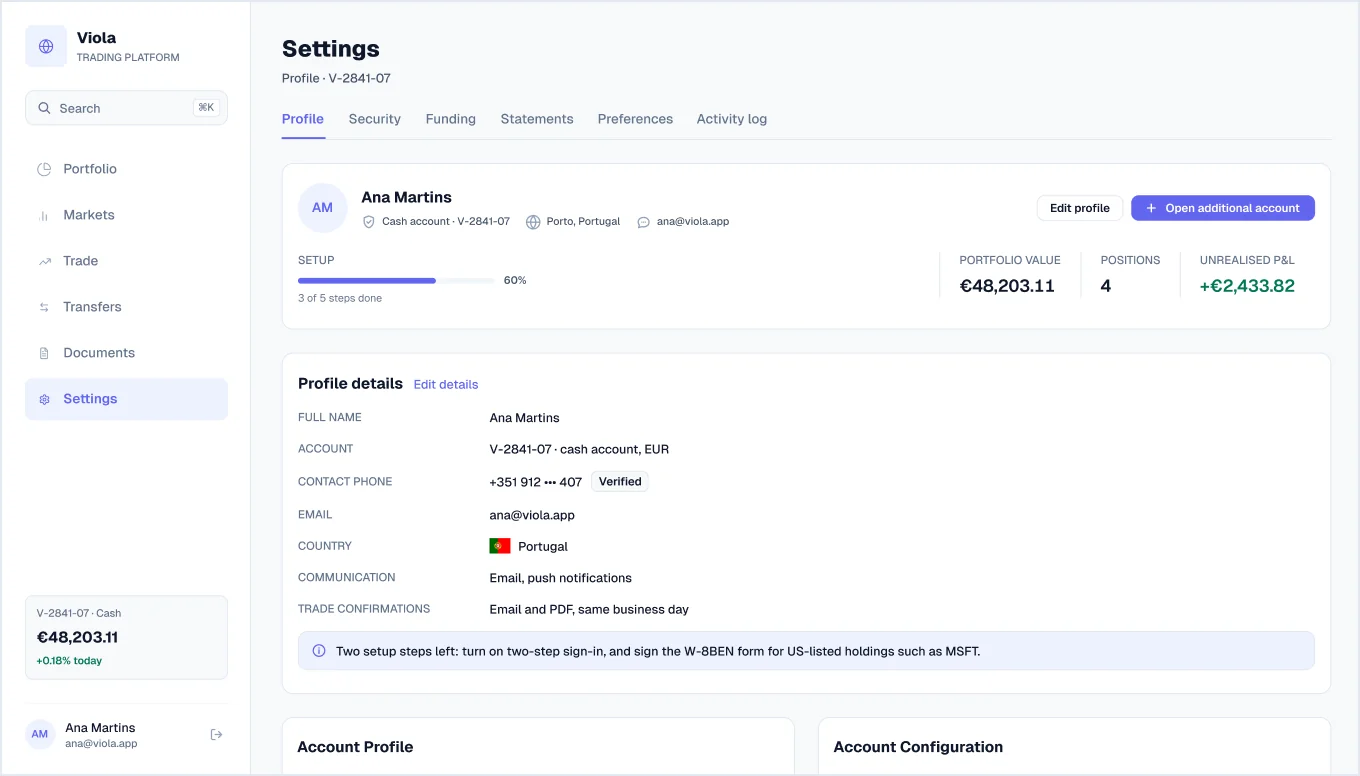 Profile screen in light mode, from Viola UI, the fintech UI kit for Figma