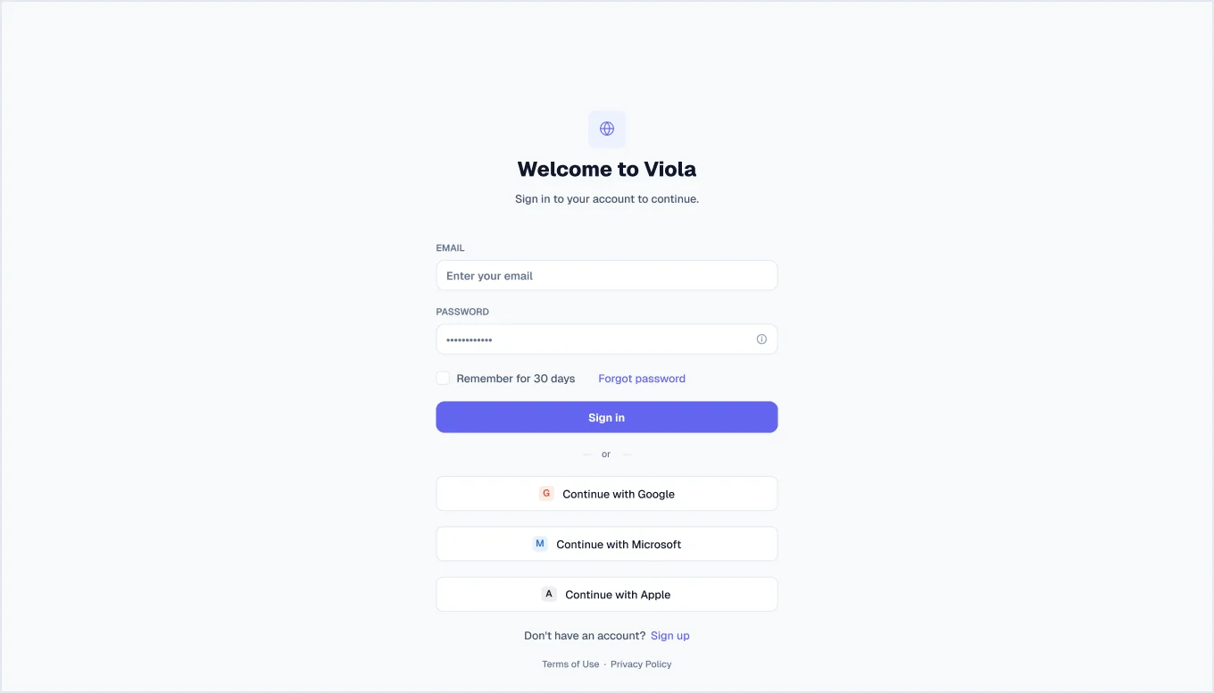 Sign in, centred screen in light mode, from Viola UI, the fintech UI kit for Figma