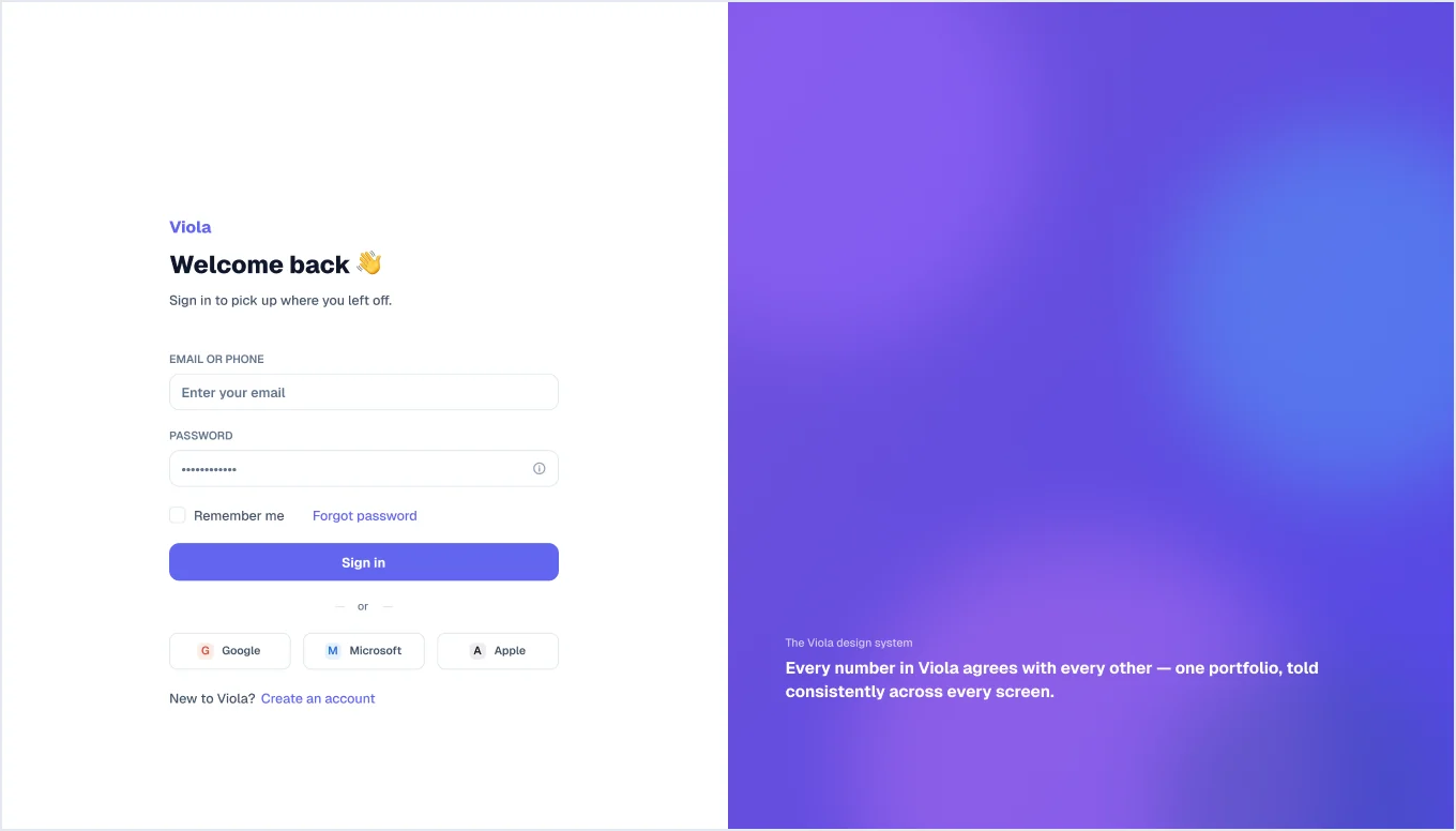 Sign in, split screen in light mode, from Viola UI, the fintech UI kit for Figma
