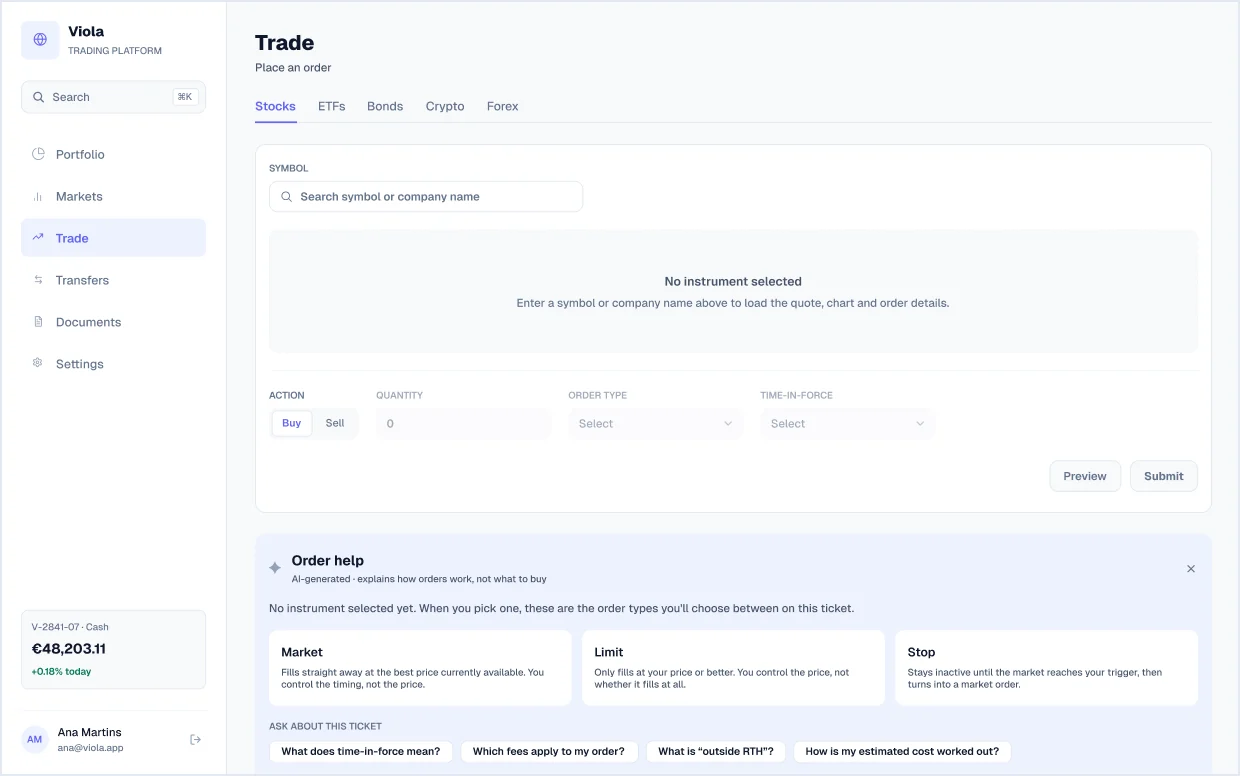 Trade, empty state screen in light mode, from Viola UI, the fintech UI kit for Figma