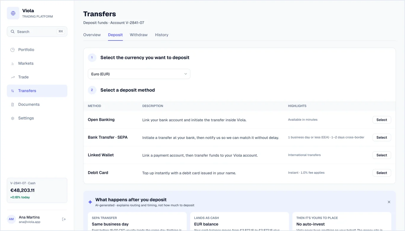 Deposit screen in light mode, from Viola UI, the fintech UI kit for Figma