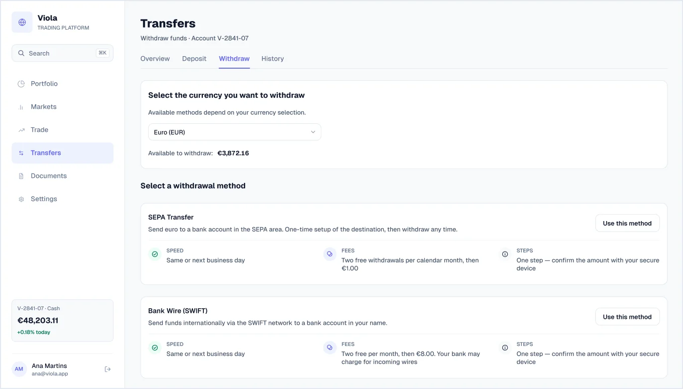 Withdraw screen in light mode, from Viola UI, the fintech UI kit for Figma